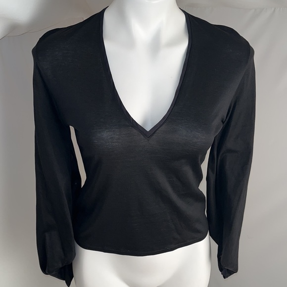Yves Saint Laurent rive gauche black long bell sleeve v-neck fitted top - Picture 1 of 12